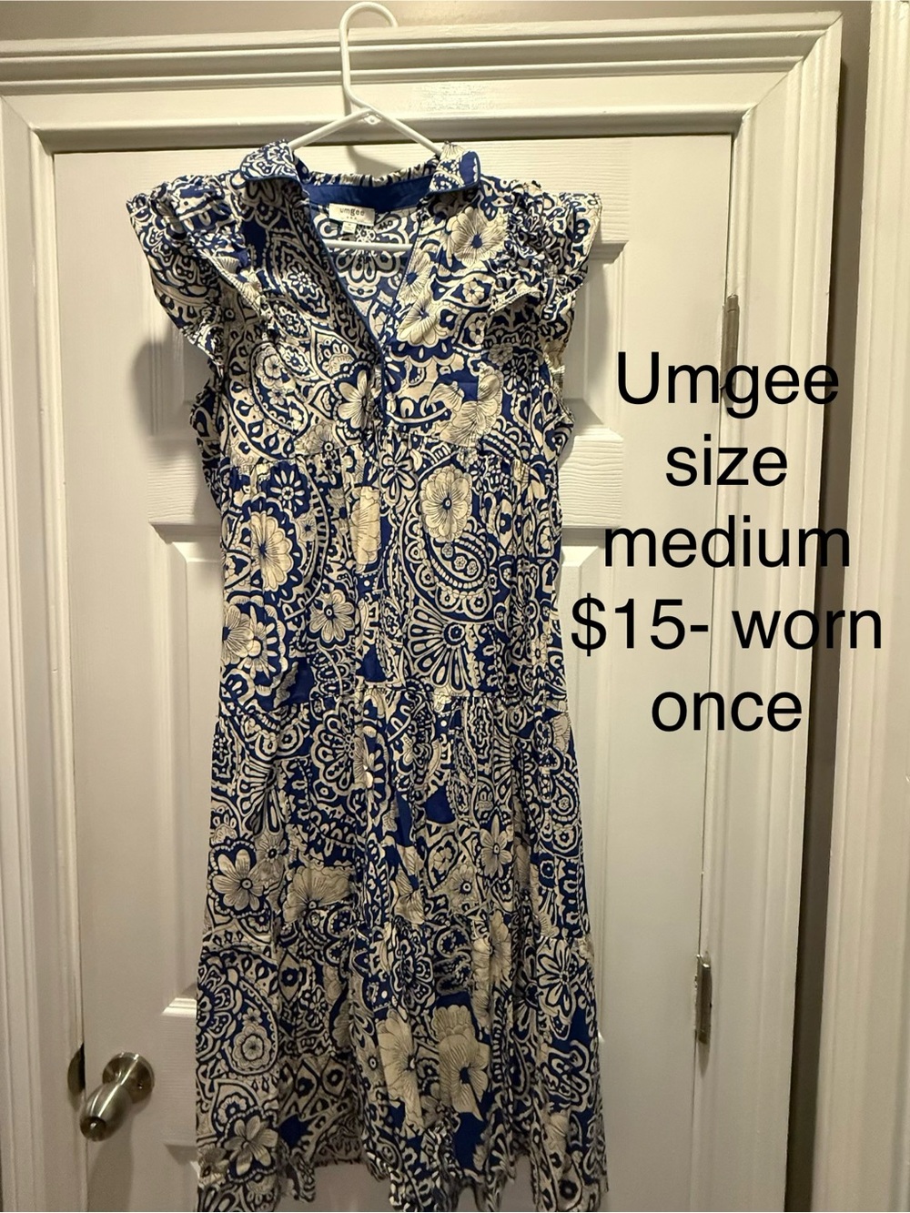 Umgee Blue and White Floral Midi Dress with Ruffle Sleeves
